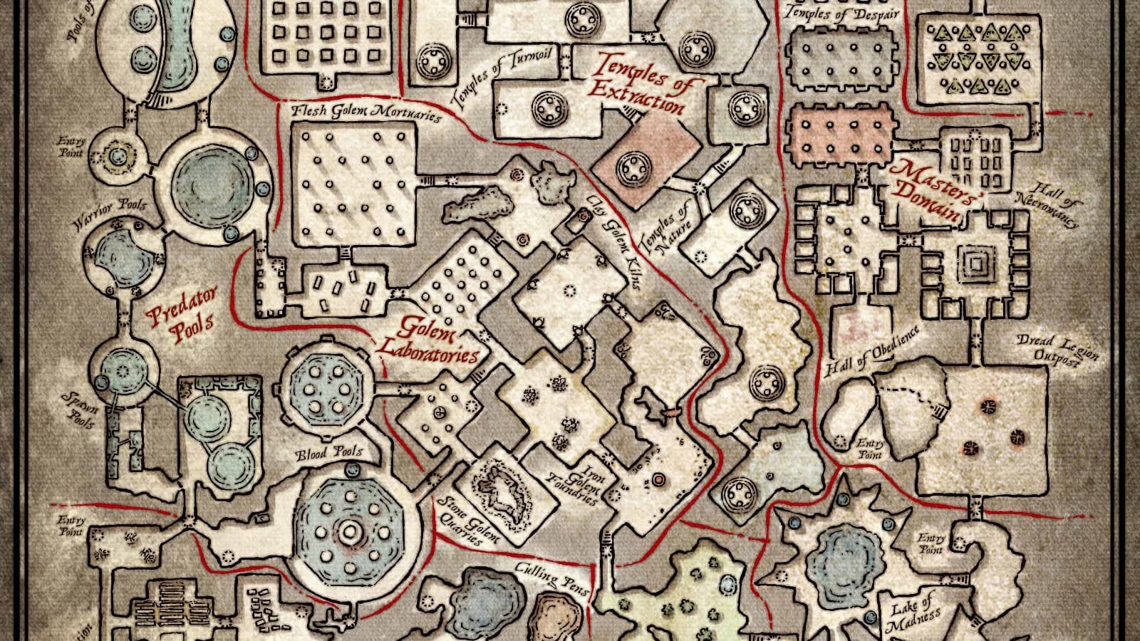 Hand-drawn fantasy dungeon map with interconnected rooms and paths