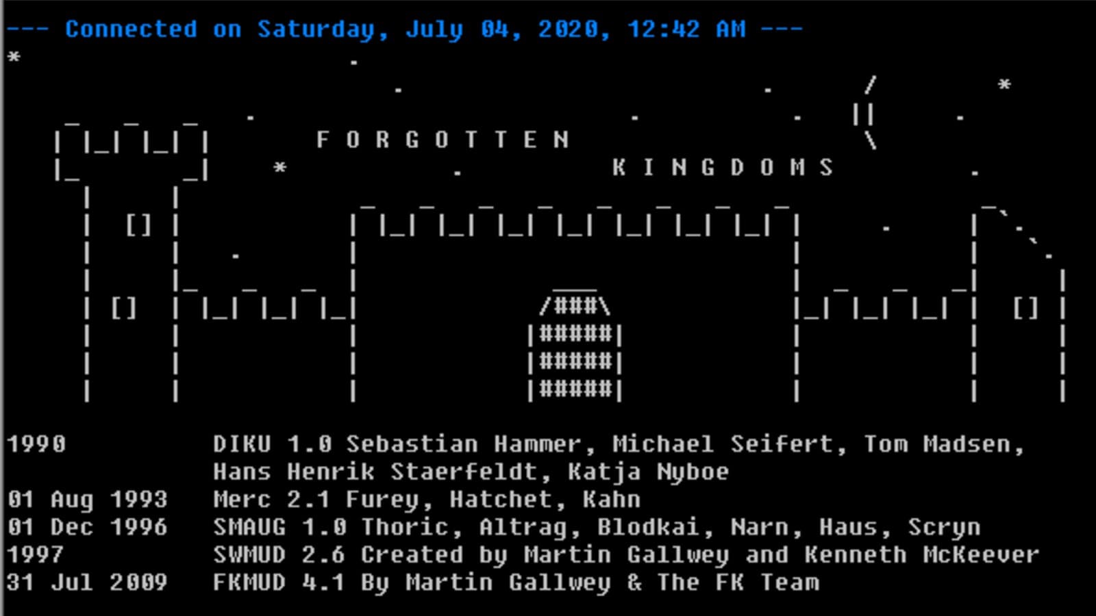 Retro Forgotten Kingdoms MUD welcome screen with ASCII castle